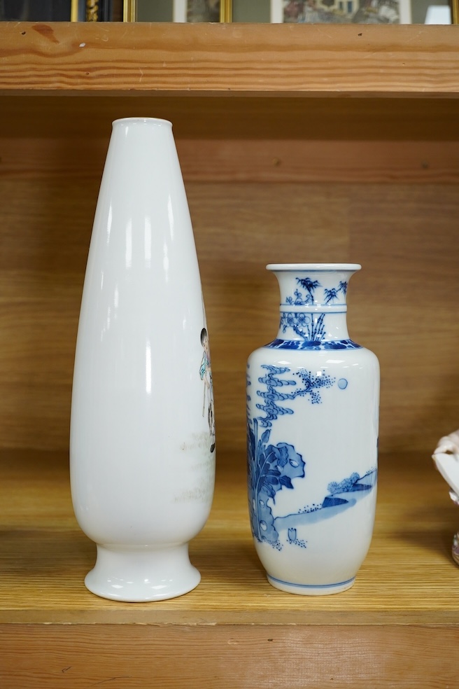 A Chinese blue and white vase and an enamelled figurative porcelain example, tallest enamel vase 29cm high. Condition - good